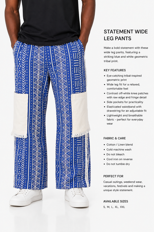 Afropolitan Tribal Print Wide-Leg Pants with Contrast Patch Panels – Blue & White