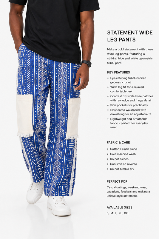 Afropolitan Tribal Print Wide-Leg Pants with Contrast Patch Panels – Blue & White