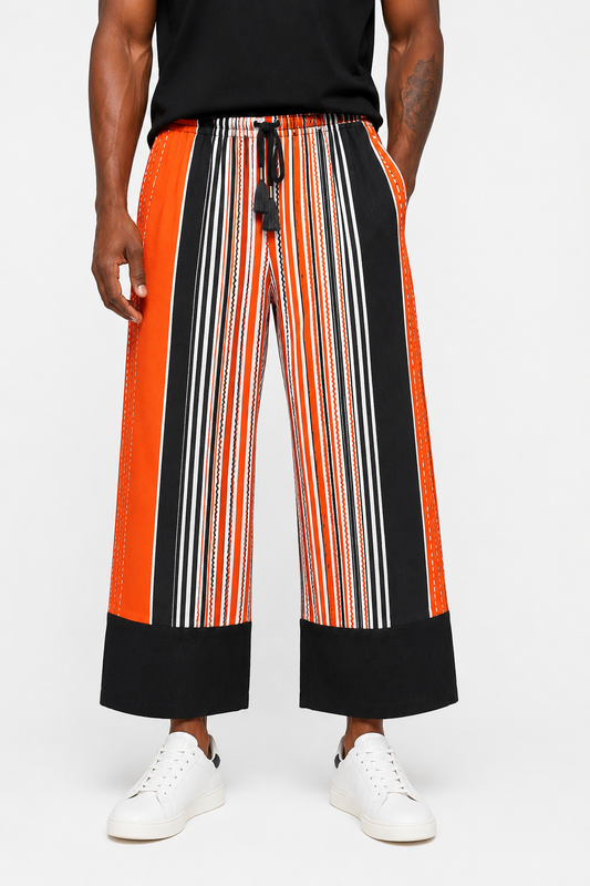 Afropolitan Colourblock Wide-Leg Pants – Orange, Black & White Striped Statement Trousers