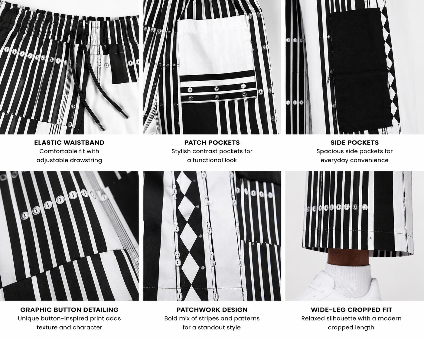 Afropolitan Monochrome Patchwork Wide-Leg Cargo Pants