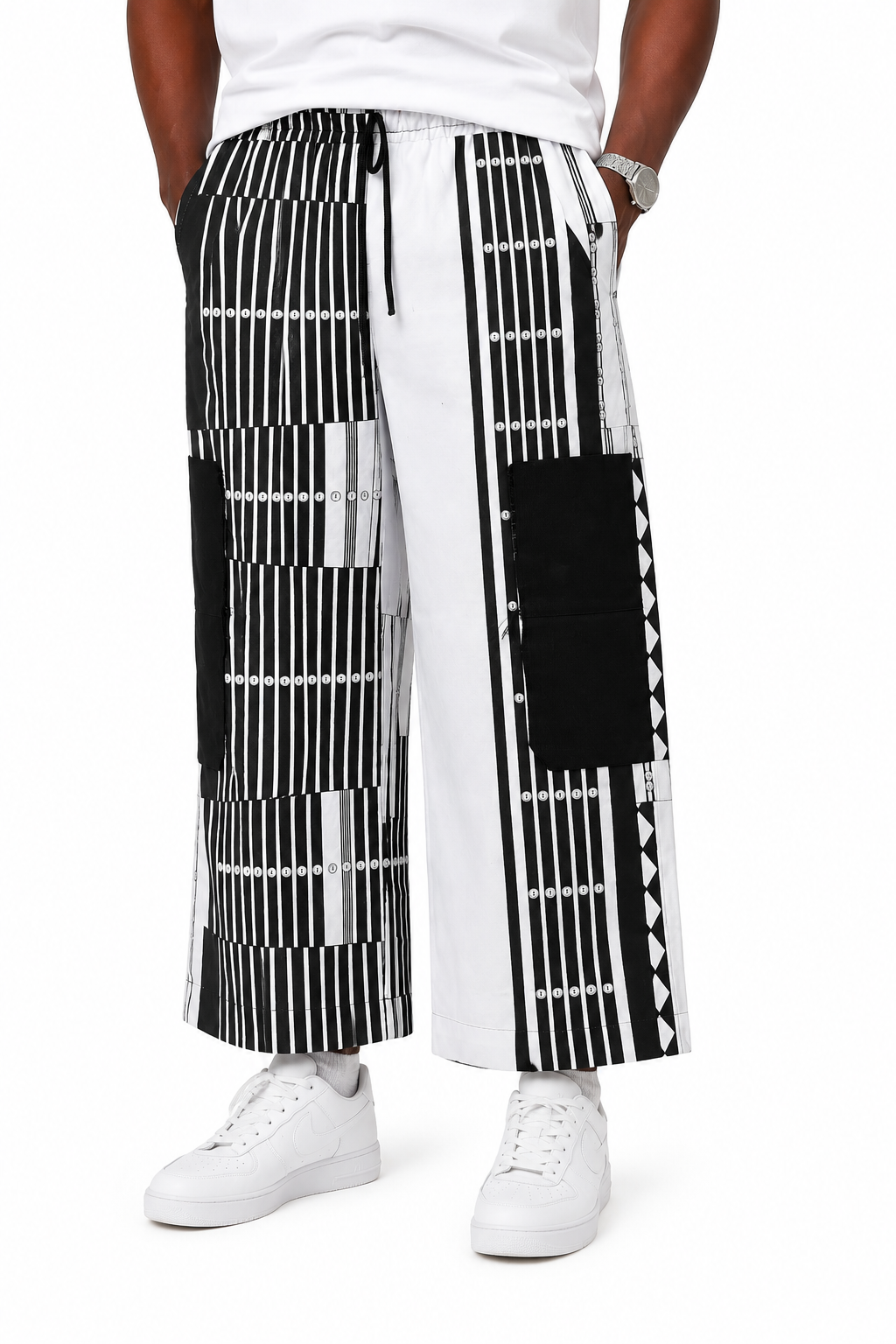 Afropolitan Monochrome Patchwork Wide-Leg Cargo Pants