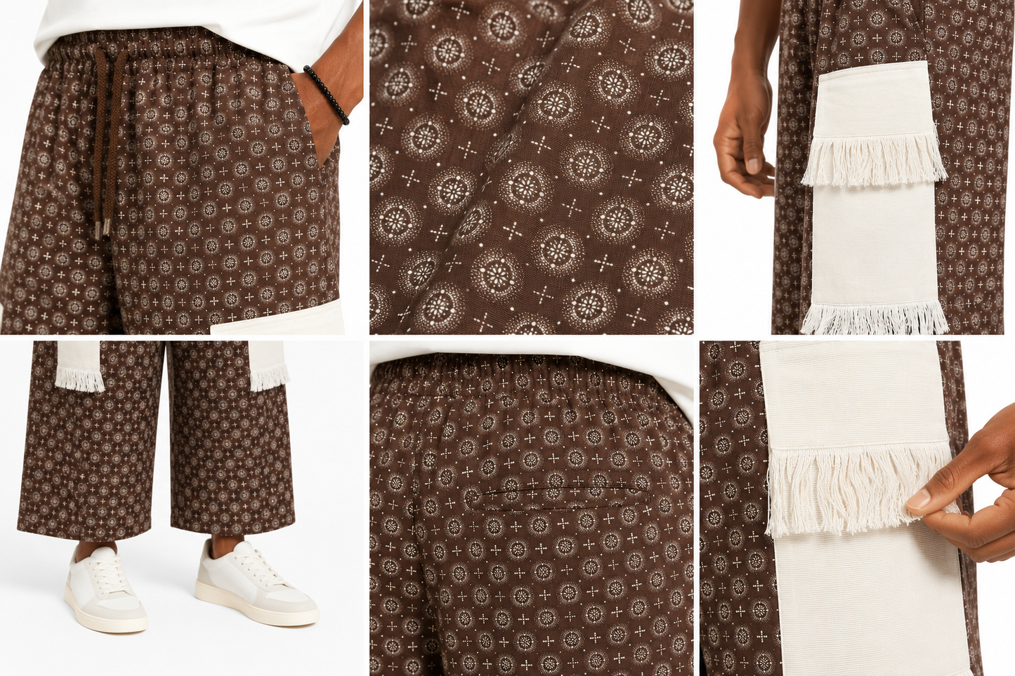 Afropolitan Fringe Pocket Wide-Leg Cargo Pants – Brown Geometric Print