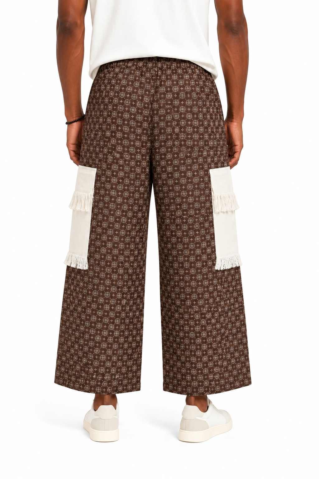 Afropolitan Fringe Pocket Wide-Leg Cargo Pants – Brown Geometric Print