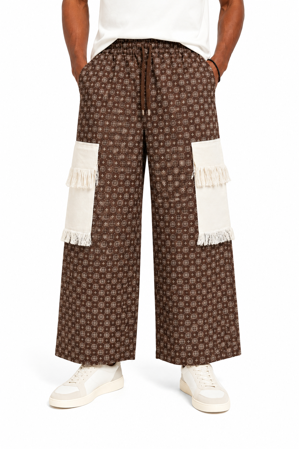Afropolitan Fringe Pocket Wide-Leg Cargo Pants – Brown Geometric Print
