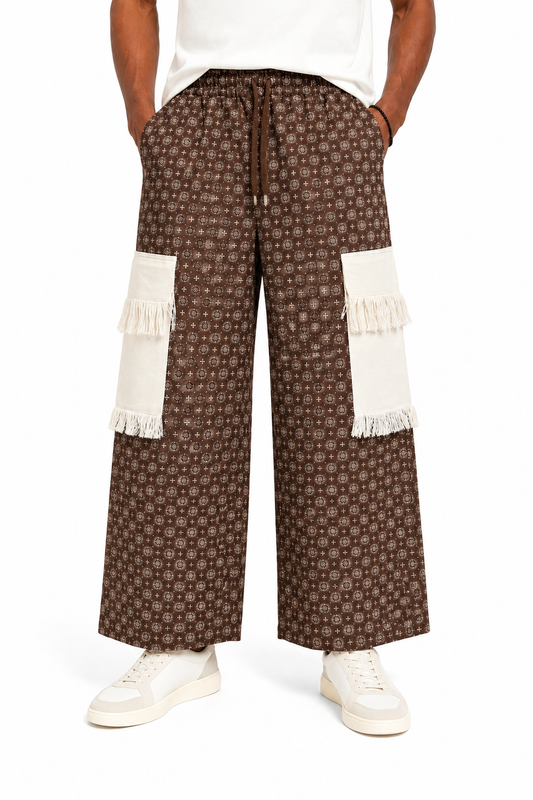 Afropolitan Fringe Pocket Wide-Leg Cargo Pants – Brown Geometric Print