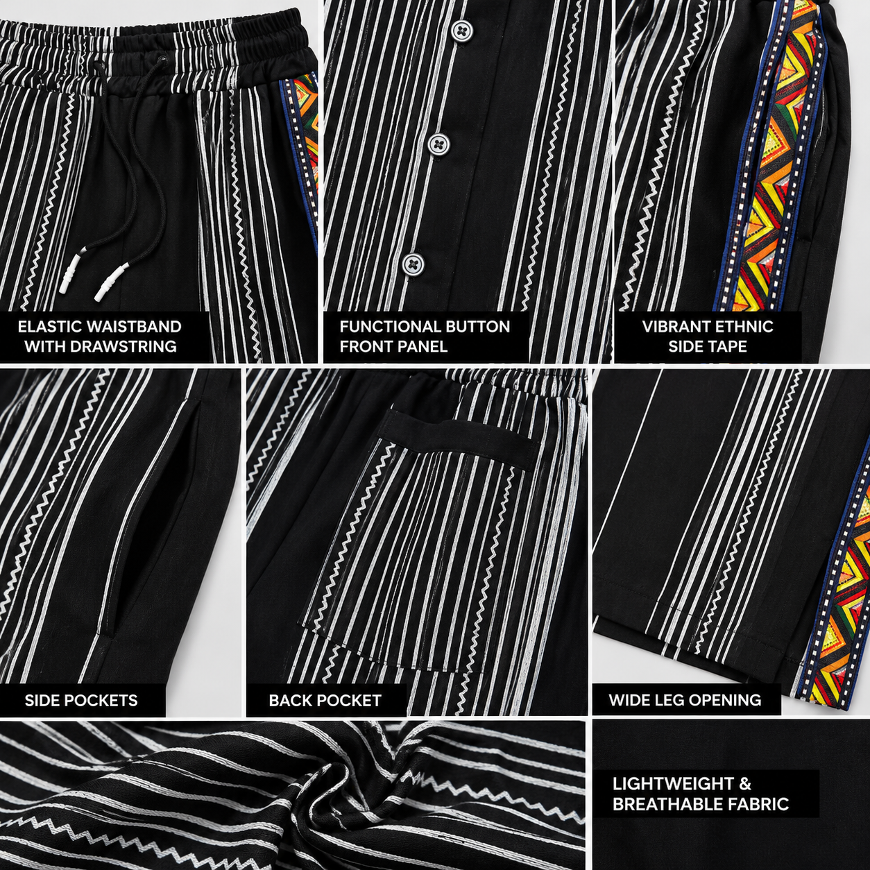 Afropolitan Native Band Wide-Leg Pants – Black & White Heritage Print