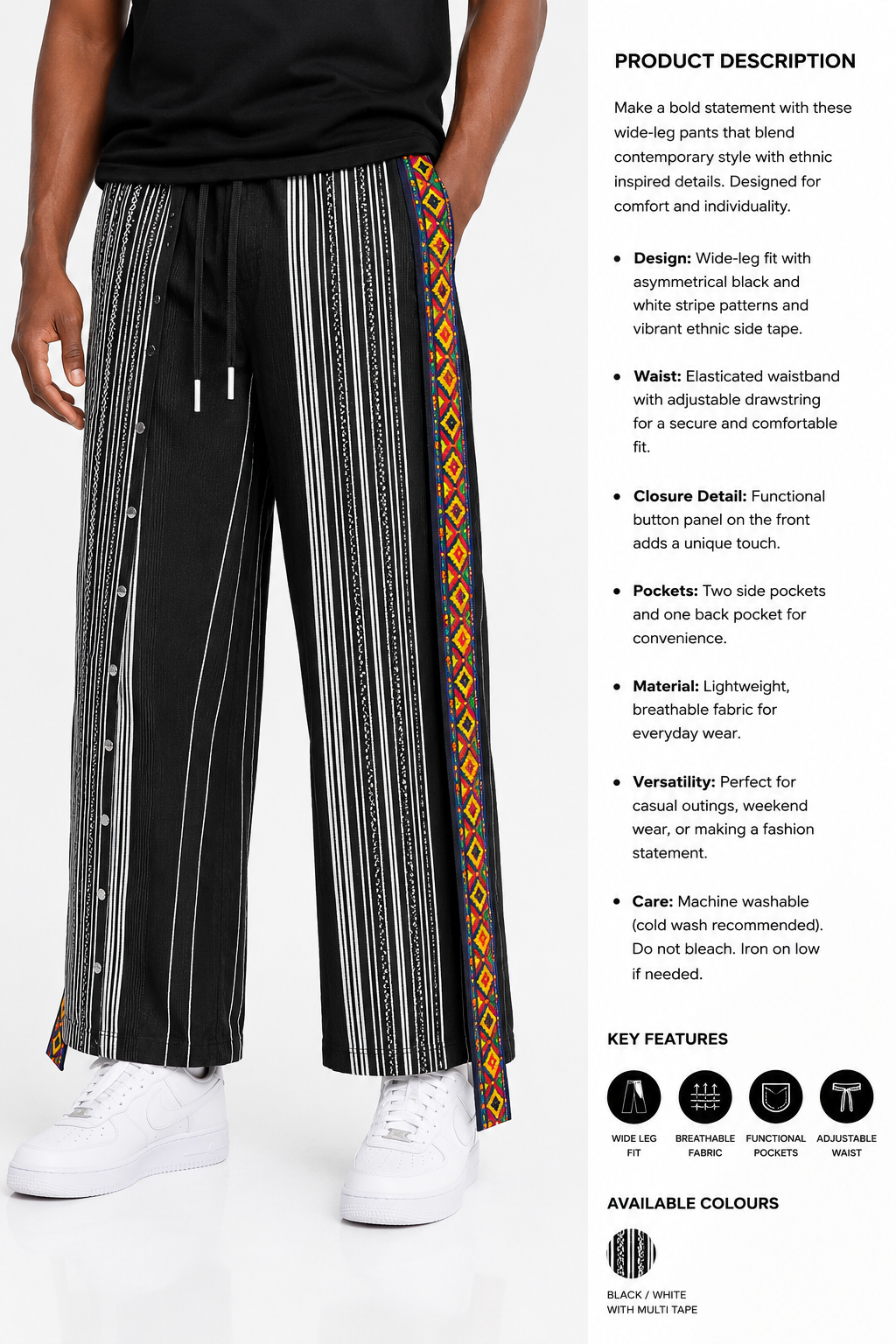Afropolitan Native Band Wide-Leg Pants – Black & White Heritage Print