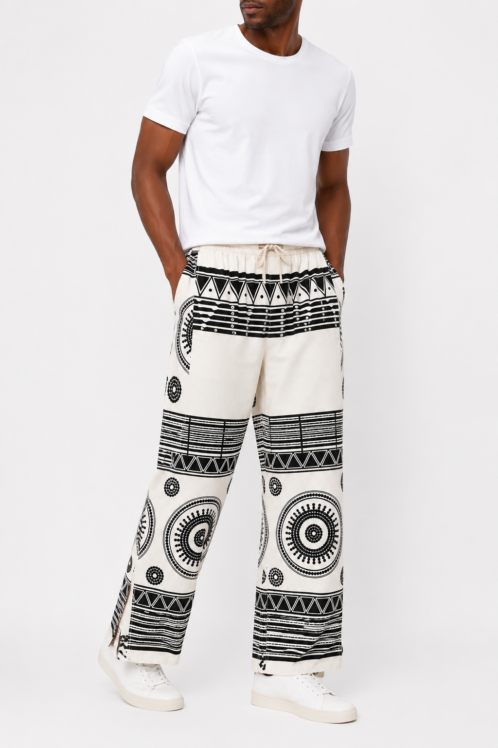 Afropolitan Heritage Wide-Leg Side-Slit Trousers – Black & White Tribal Print