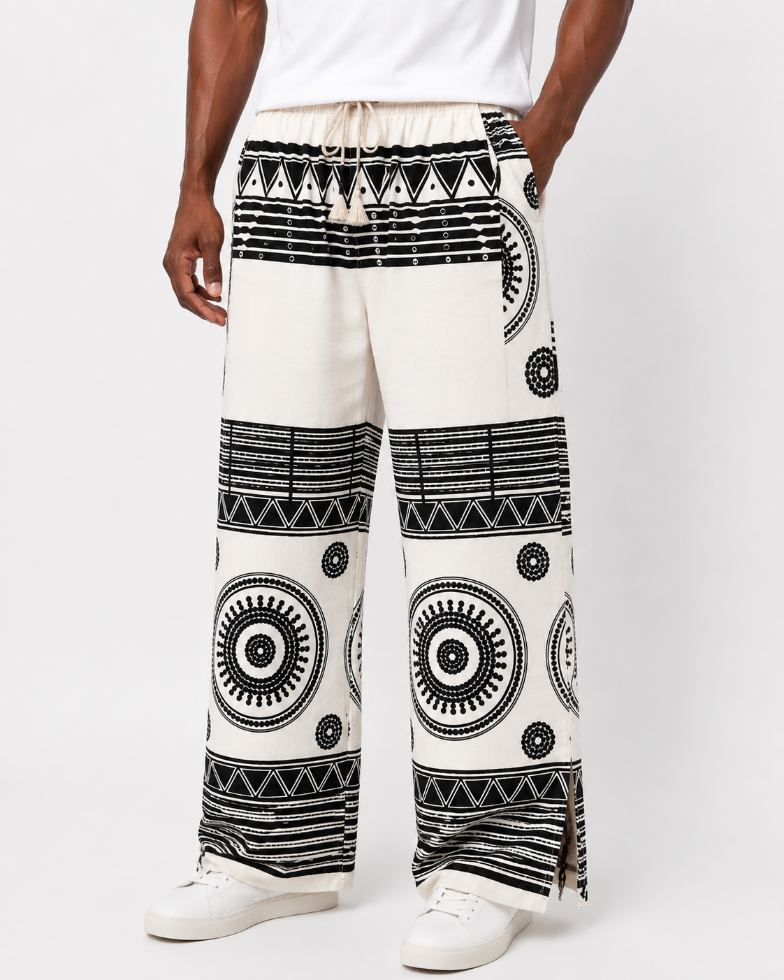 Afropolitan Heritage Wide-Leg Side-Slit Trousers – Black & White Tribal Print