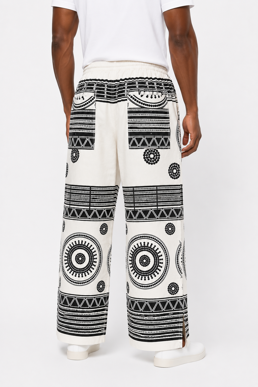 Afropolitan Heritage Wide-Leg Side-Slit Trousers – Black & White Tribal Print