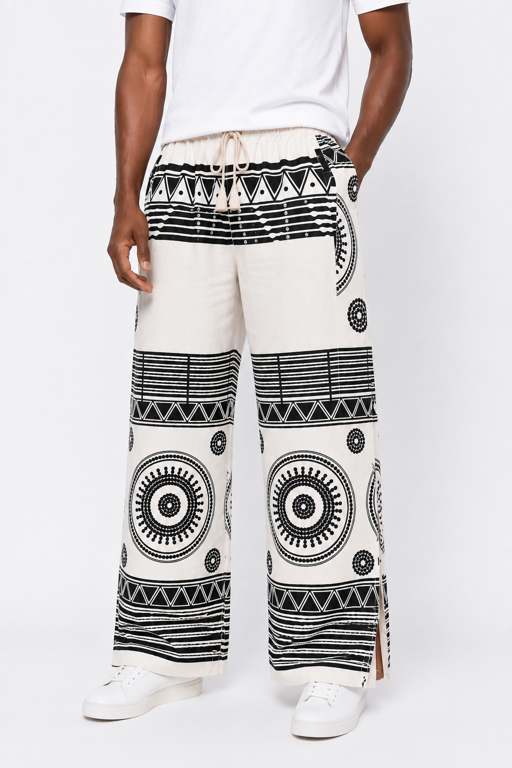 Afropolitan Heritage Wide-Leg Side-Slit Trousers – Black & White Tribal Print