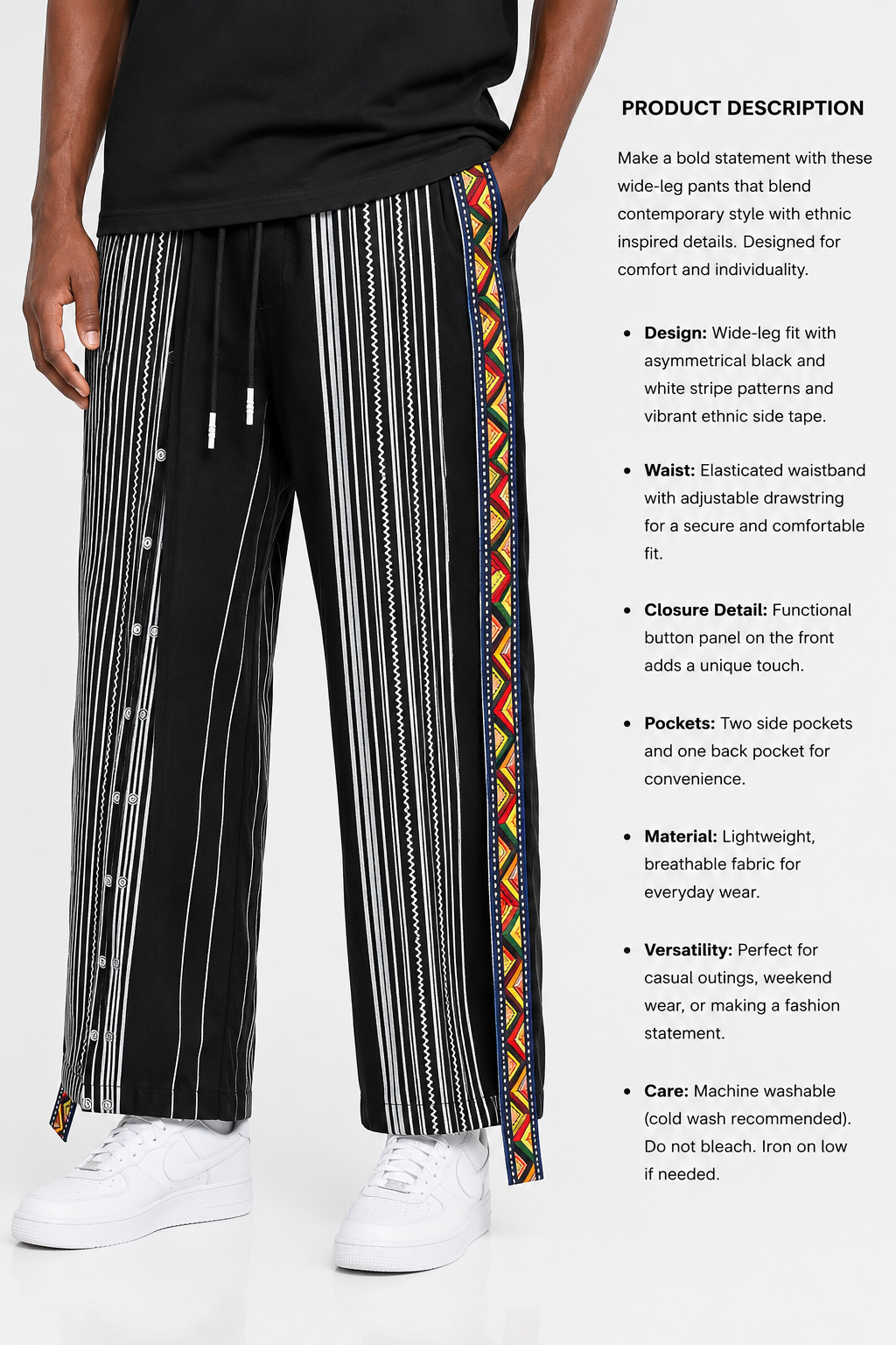 Afropolitan Native Band Wide-Leg Pants – Black & White Heritage Print