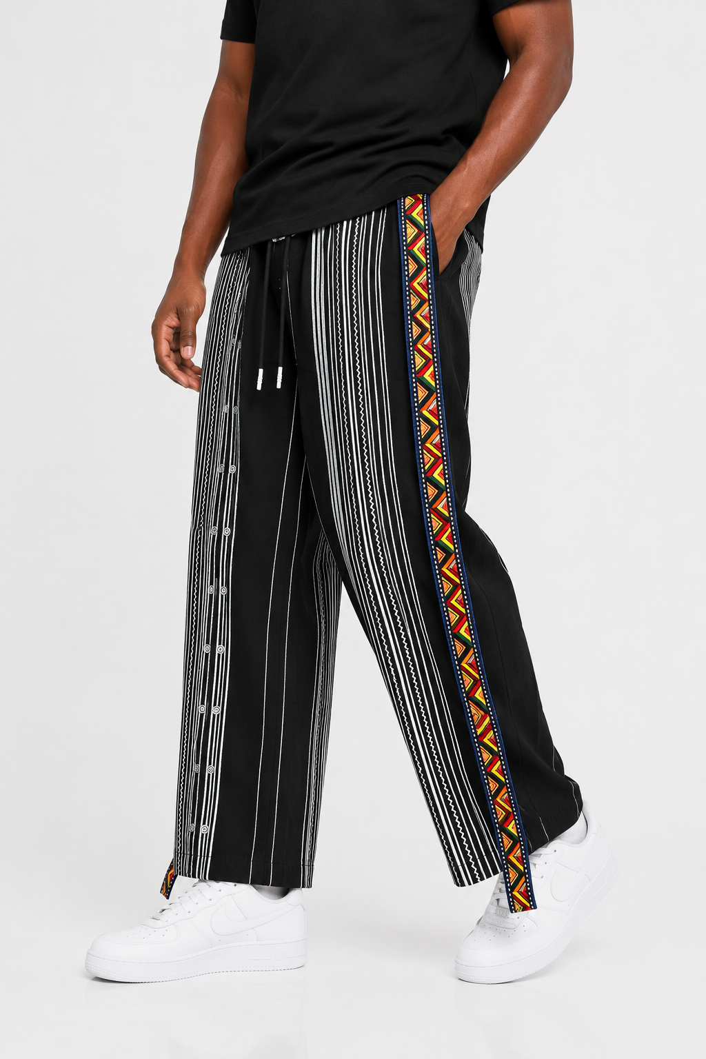 Afropolitan Native Band Wide-Leg Pants – Black & White Heritage Print